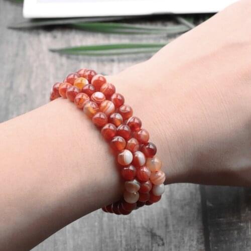 Charms Beaded Bracelet Natural Red Veins Agates Stone Round Beads 3 Layer Bracelets Retro Pray Buddhism Bangle Jewelry 21" A981