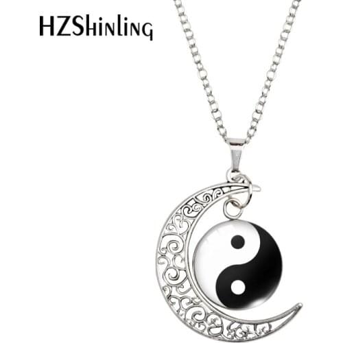 Yin Yang Black and White Tai Chi Pattern Moon Pendants Moon Necklace Glass Cabochon Dome Handmade Craft Women Gifts