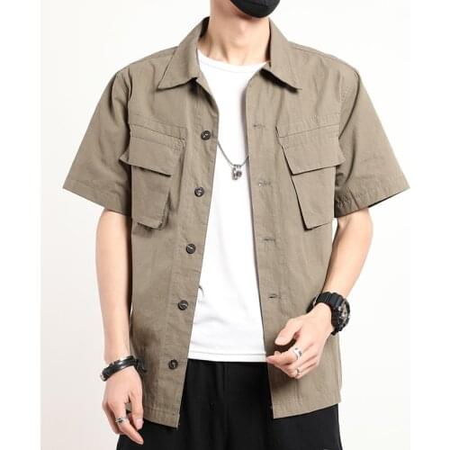2020 Summer Casual Shirt Men Short Sleeve Cotton Cargo Solid Mens Shirts