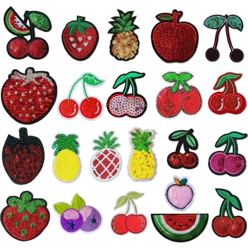 Cute Sequin Cherry Watermelon Strawberry Pineapple Apple Fruit Embroidery Patch Baby Childrens Clothes Ironing Decal Badge