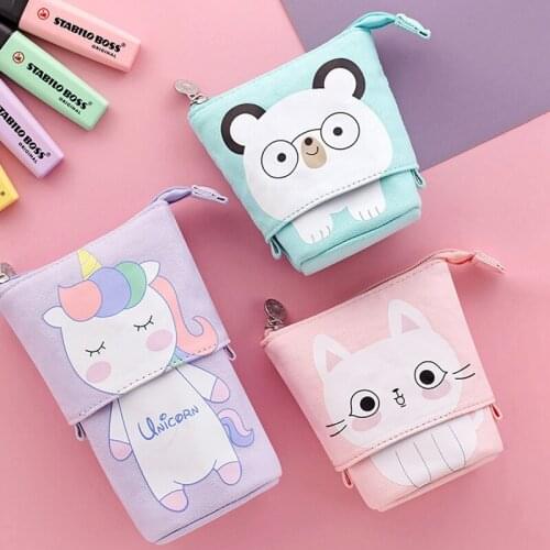 Funny Pen Bag Pencil Case Flexible Unfold Storage Pouch Fold Pens Holder Cute Cat Kitty Cat Bear School Supplies