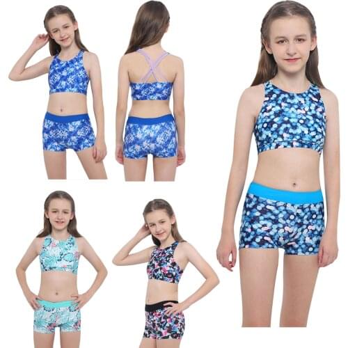 Kids Girls Children Tracksuit Outfit Floral Printed Tank Crop Tops with Bottoms Shorts for Stage Performance Workout Sports Suit