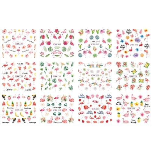 UPRETTEGO 12 PACK/ LOT WATER DECAL NAIL ART NAIL STICKER TROPICAL PLANTS FLOWER ANIMATION RED LOVELY BIRD FLAMINGO BN1297-1308