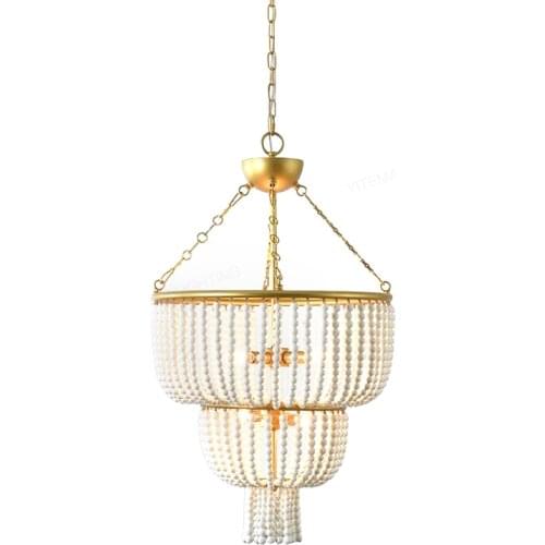 Vintage white bedroom chandelier for kitchen living room gold lighting fringe wood bead lamp ceramic porcelain tiered chandelier