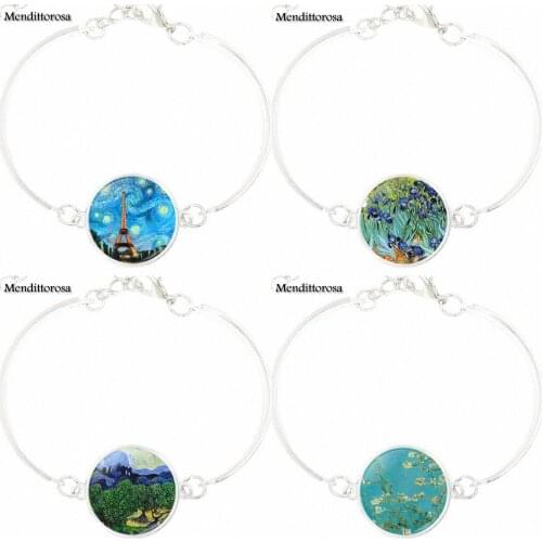 For Unisex Vintage Cabochon Colorful Collar Bracelet Bangle High Quality Silver Plated Glass Bracelet Bangles Van Gogh Irises
