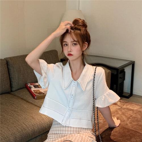 Ladies Sweet Blouse Korean Style Retro Puff Sleeve Shirt Summer 2020 New Style Elegant Crop Shirt Short Top Striped