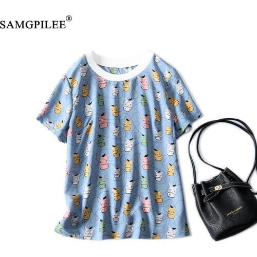 Summer T-shirts 2021 New Elegant Funny Cow Cartoon Pattern O Neck Short Sleeve Chiffon Female Plus Size T Shirt Oversized 4XL