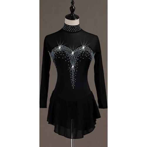 Figure Skating Dresses Women/Girls Black Long Sleeve Crystal Gymnastics Costumes Ice Skating Competition Stage Clothes DQL3268
