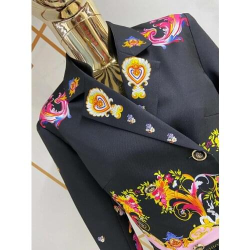 2 Women Runway Fashion Pieces Set Black Autumn Winter Short Jacket Blazer+ Long Pleated Skirts Flower Print Ladies Sets
