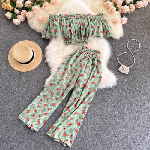 SINGREINY Women Summer Boho Floral Beach Set Sexy Slash Neck Off Shoulder Short Tops+High Waist Leg Long Pants Two Piece Suits