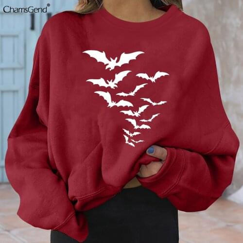 Woman Bat Print O-Neck Sweatshirt Casual Loose Fit Hoodie Harajuku Aesthetic Streetwear Halloween Pullover Tops Halloween