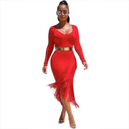 Celebrity New Arrival Red Black Brown Long Sleeves Tassels Bandage Dress Sexy Bodycon Party Wear Vintage Vestios Bandagem
