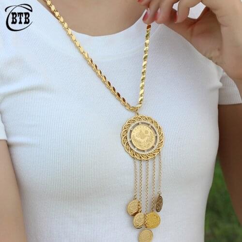 Austrian Crystal Round Long Ladies Charm Tassel Pendant Allah Necklace Muslim Fashion Luxury Jewelry Oman Coin Wedding Gift