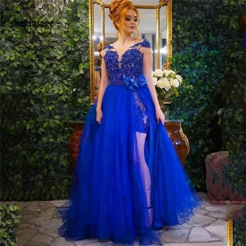 Sevintage Royal Blue Slit Side Long Evening Dresses 2021 Pearls Lace 2 Pieces Woman Formal Party Dress Custom Made Prom Gowns