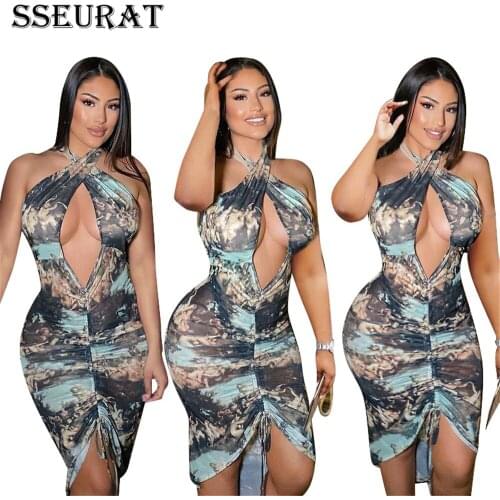 SSEURAT Women Dress Print Sleeveless Bandage Halter Chest Hollow Out Shirring Elastic Mini Dresses Sexy Night Club Party Dress