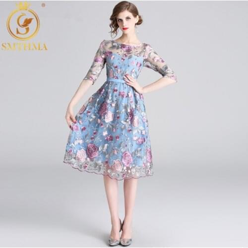 SMTHMA 2021 High Quality Luxury Runway Dress Robe Womens Mesh Embroidery Summer Half Sleeve Dress Vestidos