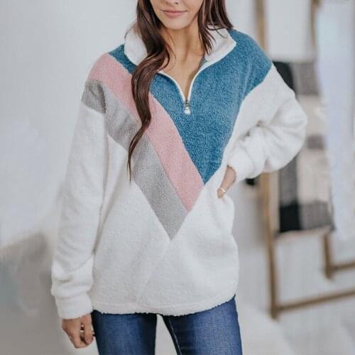 Winter Womens Fashion Fleece Sweatshirts Long Sleeve Color Block Zipper Stand Collar Pullovers Ladies Casual Warm Loose Tops