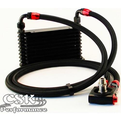10AN 32MM 10 Rows Universal Engine Oil Cooler+Thermostat Sandwich Plate Black