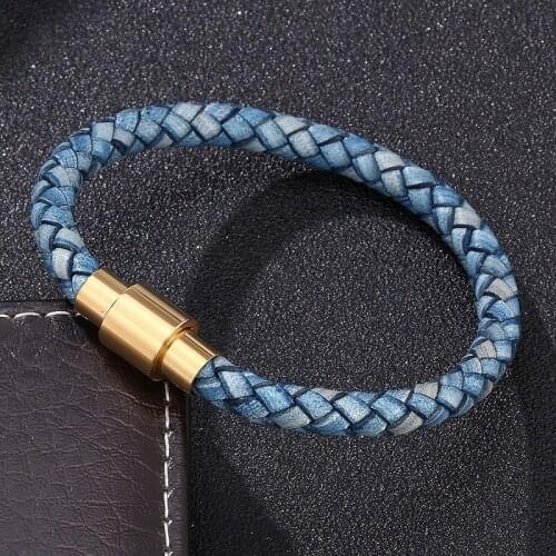 Charm Bracelets for Women Men Jewelry Vintage Color Braided Leather Wristband Bracelet Gold Color Magnetic Clasp Bangles ST0251