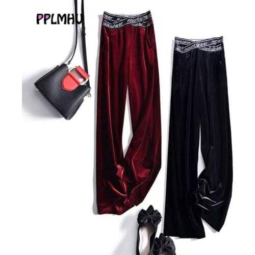 Casual Cross Letter Pattern elastic Waist Wide-Leg Pants Women Harajuku Gold Velvet Baggy Pants Autumn High Waist Sweatpants