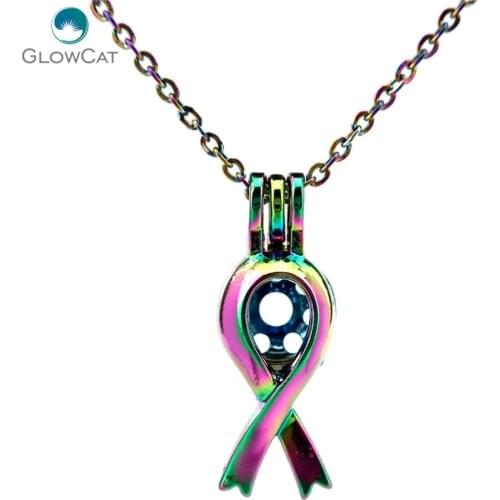 C285 COLORS Cancer Breast Awareness Ribbon Sign Steel Necklace Beads Pearl Cage Aroma Essential Oil Diffuser Locket Necklace