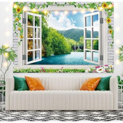 Mountain and Lake Scenery Tapestry Vintage Exotic Summer Plant Nature Frame for Bedroom Photography Wall Decor