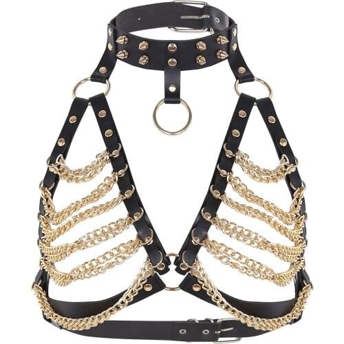 Goth Handmade Leather Crop Top Women Punk Metal Chains Rivets Halter Collar Tank Tops Adjustable Dance festival Halloween Wear