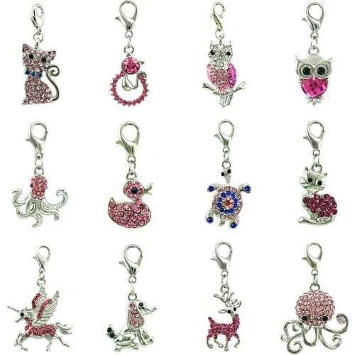 JINGLANG 12Pieces/Lot Mix Sale Lobster Clasp Charms Dangle Pink Rhinestone Animal Pendants DIY For Jewelry Making Accessories