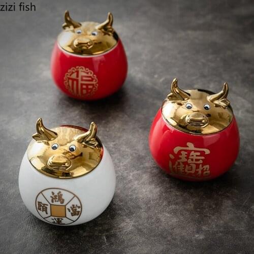 Ceramic Jar Tea Caddy Cow Cover Storage Tank Decorative Jar Tea Box Organize Box Tea Container Tea Caddies Decoration Ornaments