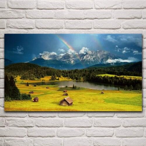 Beautiful rainbow at the alps mountains nature scenery living room home wall art decor canvas fabric poster KP371