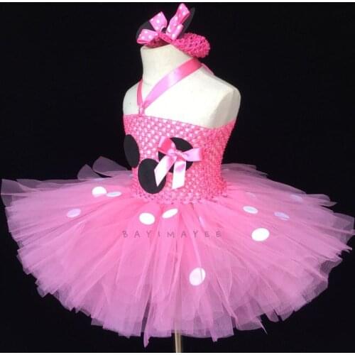 Lovely Baby Pink Tutu Dress Baby 2Layers Crochet Tulle Dress with White Dots and Headband Kids Cosplay Cartoon Dress Party Tutus