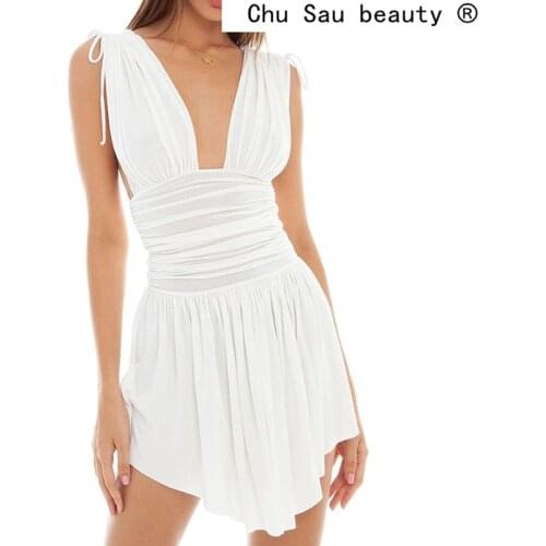 2021 New Fashion White Party Evening Dress Sexy Style Pleated Plunge Deep V-Neck Sleeveless Dresses Women Mini Dress Clothes