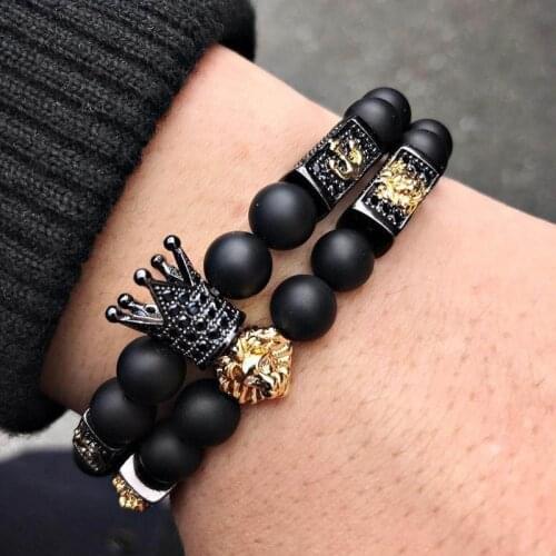 2020 New Design Lion Crown Men Bracelet Pave Cubic Zirconia Stone Matte Beads Charm Bracelet For Men Jewelry Pulsera Hombre