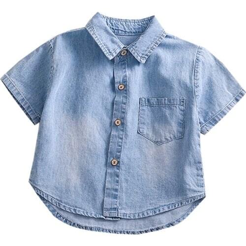 Baby Boys Clothes Summer Short Sleeve Pocket Turn-down Collar Blouses Casual Toddler Newborn Boys Denim Shirts QZ098