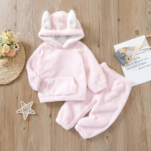 Autumn Winter Warm Outfits Baby Girls Clothes Rabbit Bunny Ear Hooded Coat Plush Pink Long Sleeve Hooded Pullover and Trousers