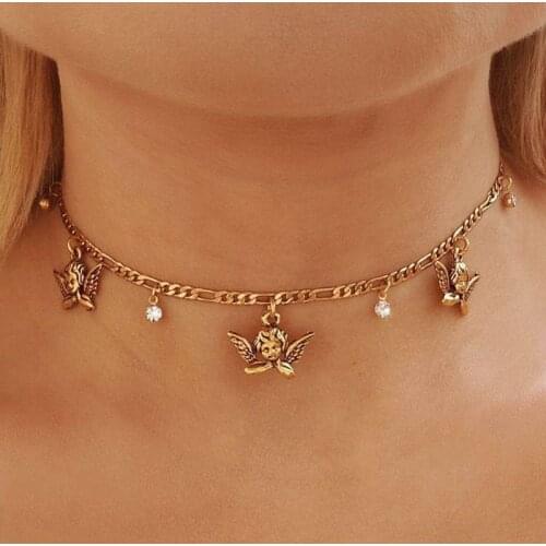Retro Cute Angel Baby White Rhinestone Metallic Chain Monolayer Golden Alloy Choker Necklace for Women