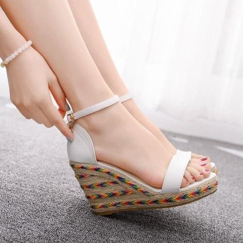 Crystal Queen 9cm Peep Toe Platform Wedges High Heel Sandals White Wedges Sandals Platform Sandals Shoes Plus Size Sandals 33-42