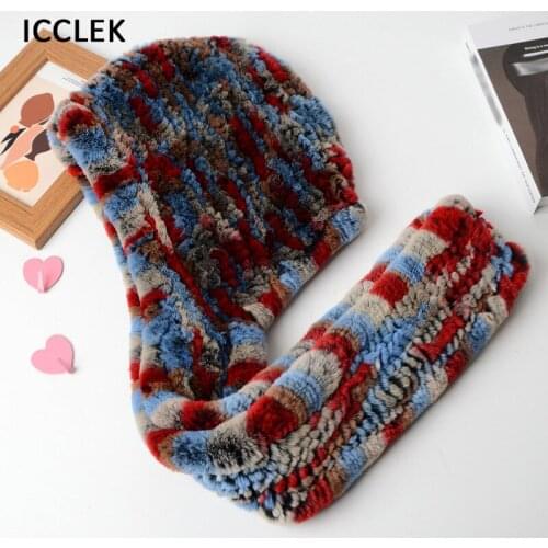 Rabbit Fur Hat Hood Scarf Winter Hats For Women Warm Knitted Fur Scarf Hat Natural Fur Hat Cap With Neck Scarves