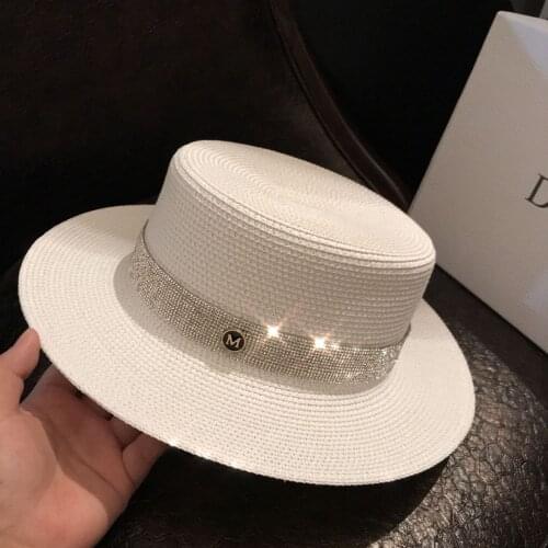 Summer Hats Women Straw Stones Fedora Flat Top Church Hats Sun Block Wide Brim Hat Black White Beach Hat for Party Travel Caps