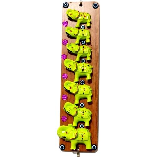 Seven Elephant Wall Ornaments on Wood with Evil Eye Beads