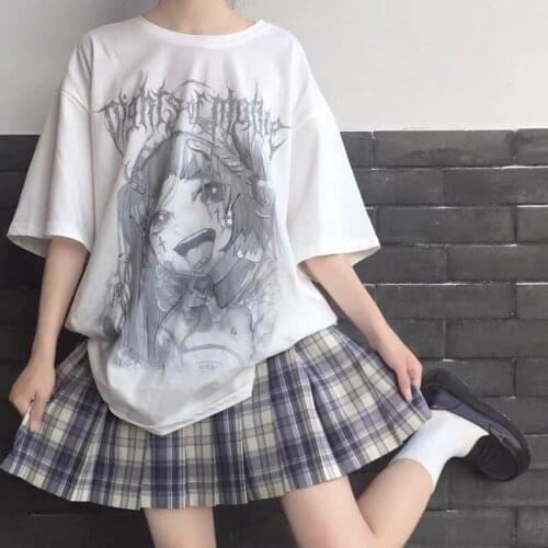 Gothic Cartoon Print Oversized T-shirt Female Hip Hop Y2k Anime Short Sleeve Kawaii Womens Blouses Punk Harajuku Aesthetic Tops