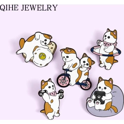 Funny Cats Daily Enamel Pin Cartoon Cat Bike Dumbbells Hula Hoop Brooches Bag Lapel Pin Badge Jewelry for Kids Friends Wholesale