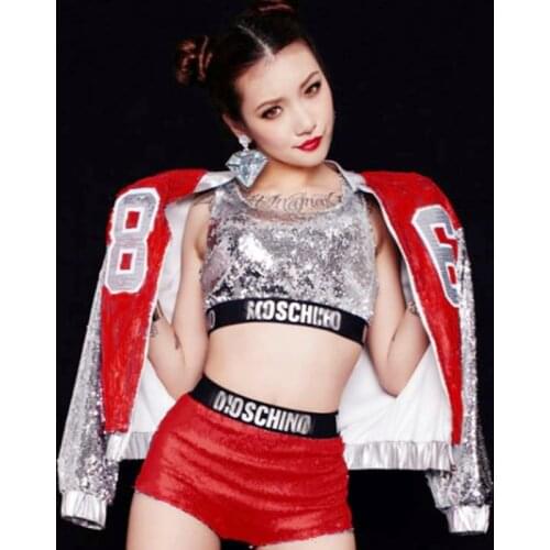 Lady Sexy Tops+pant Women Bar Nightclub Dj Dancers Stage Adult Sexy Sequin Singer Costumes Jazz Dance Costumes with 4colors new