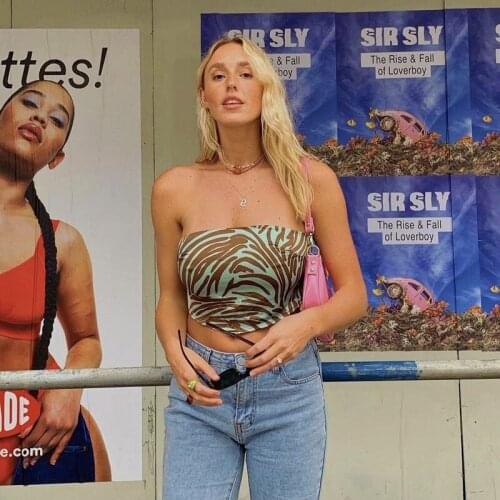 Women Sexy Strapless Crop Tops Unique Stripes Print Sleeveless Asymmetric Tube Tops