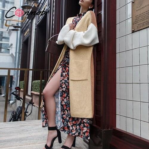 Conmoto high fashion patchwork pocket cardigan casual women harajuku long knitted autumn winter 2020 cardigans knitwear