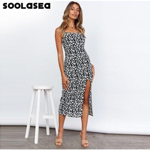 Soolasea 2021 New Floral Print Sleeveless Midi Dress Women Slash Neck Elegant Dress Ladies Summer Split Party Dress Vestidos