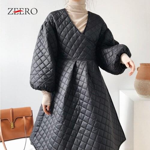 Winter Vintage Woman V-Neck Side Black Thick Cotton Warm Midi Black Dress Women Belt Lantern Sleeve Solid Big Swing Coat Dresses