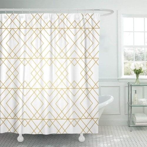 Gold Geometric Pattern Golden Lines on Rhombus and Nodes Shower Curtain Waterproof Polyester Fabric 72 x 72 Inches Set with Hook