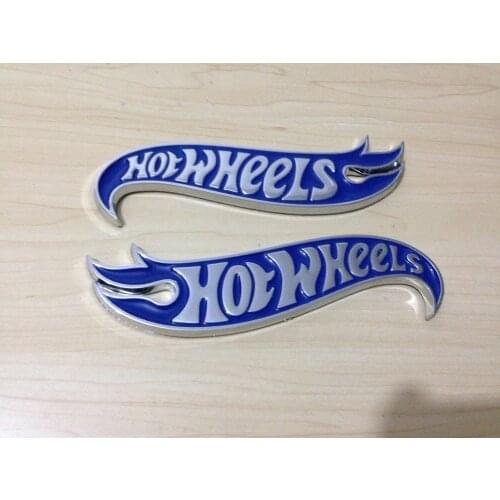 1pair Chrome & blue Hot Wheels Flames Emblem Badge Hot Rod, Mustang, Camaro
