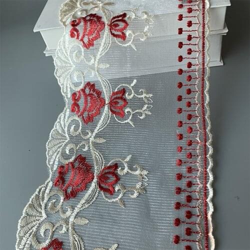 30Yards Handmade Embroidered Lace Fabric Mesh Dress Curtain Decoration Red Trim Tulle Sewing Applique 17cm Wide Fabric DIY Craft